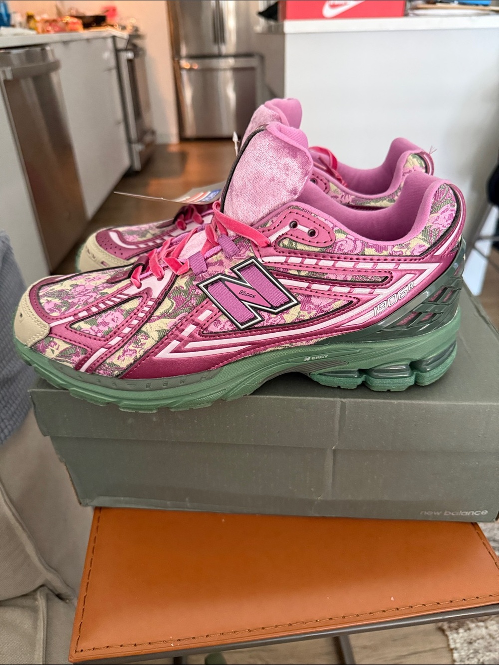 New Balance Pink Floral Sneakers with Green Soles - Picture 3 of 5